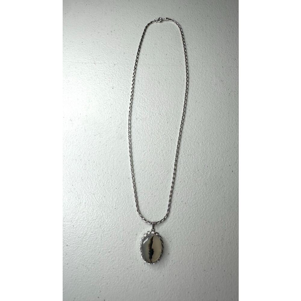 Vintage Sorrento Sterling Silver Montana Plume Agate Pendant Necklace 925 Chain